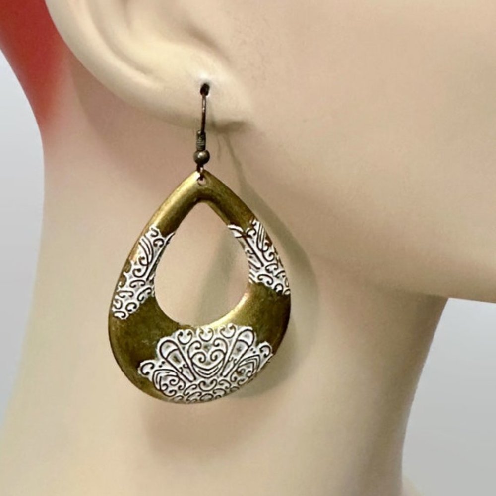 Bohemian Earrings, Brass, Etched, Big Statement, Vintage,  2 1/2" Long,
